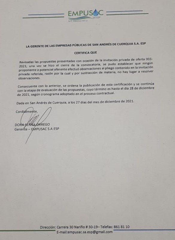 Cierre convocarotia (invitación  privada de oferta 003 – 2021)