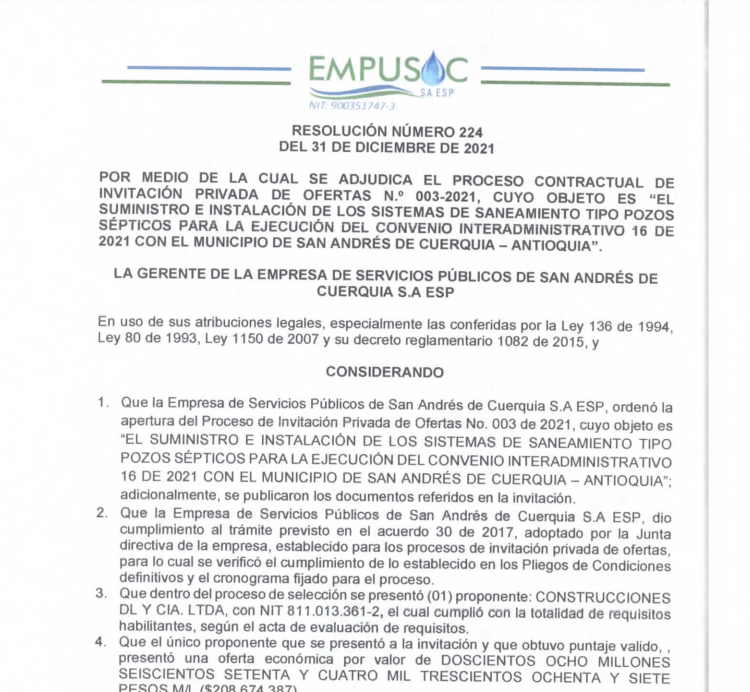 RESOLUCIÓN 224 DEL 31 DE DICIEMBRE DEL 2021