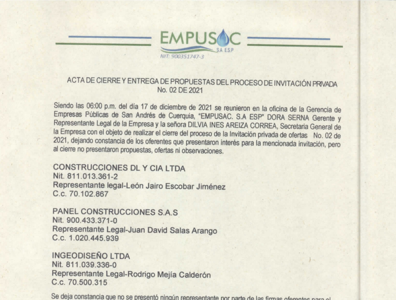 ACTA DE CIERRE Y ENTREGA DE PROPUESTAS DEL PROCESO DE INVITACION PRIVADA DE OFERTAS N° 02 DE 2021