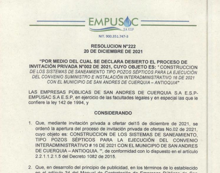 PROCESO DE INVITACION DESIERTA